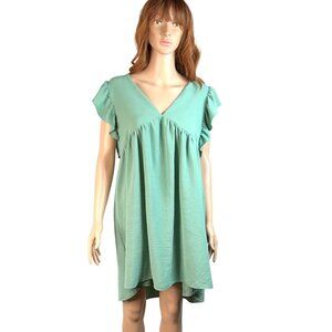 Sweet Adelyn Dusty Teal Ruffled Babydoll V-Neck Shift Dress Women's Size Large